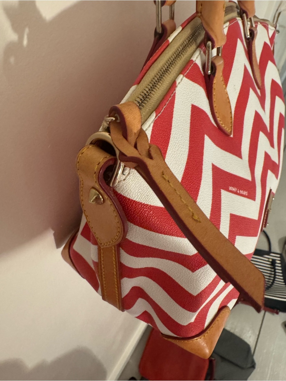 Dooney & Bourke Red and White Chevron Satchel with Tan Trim - Picture 6 of 10